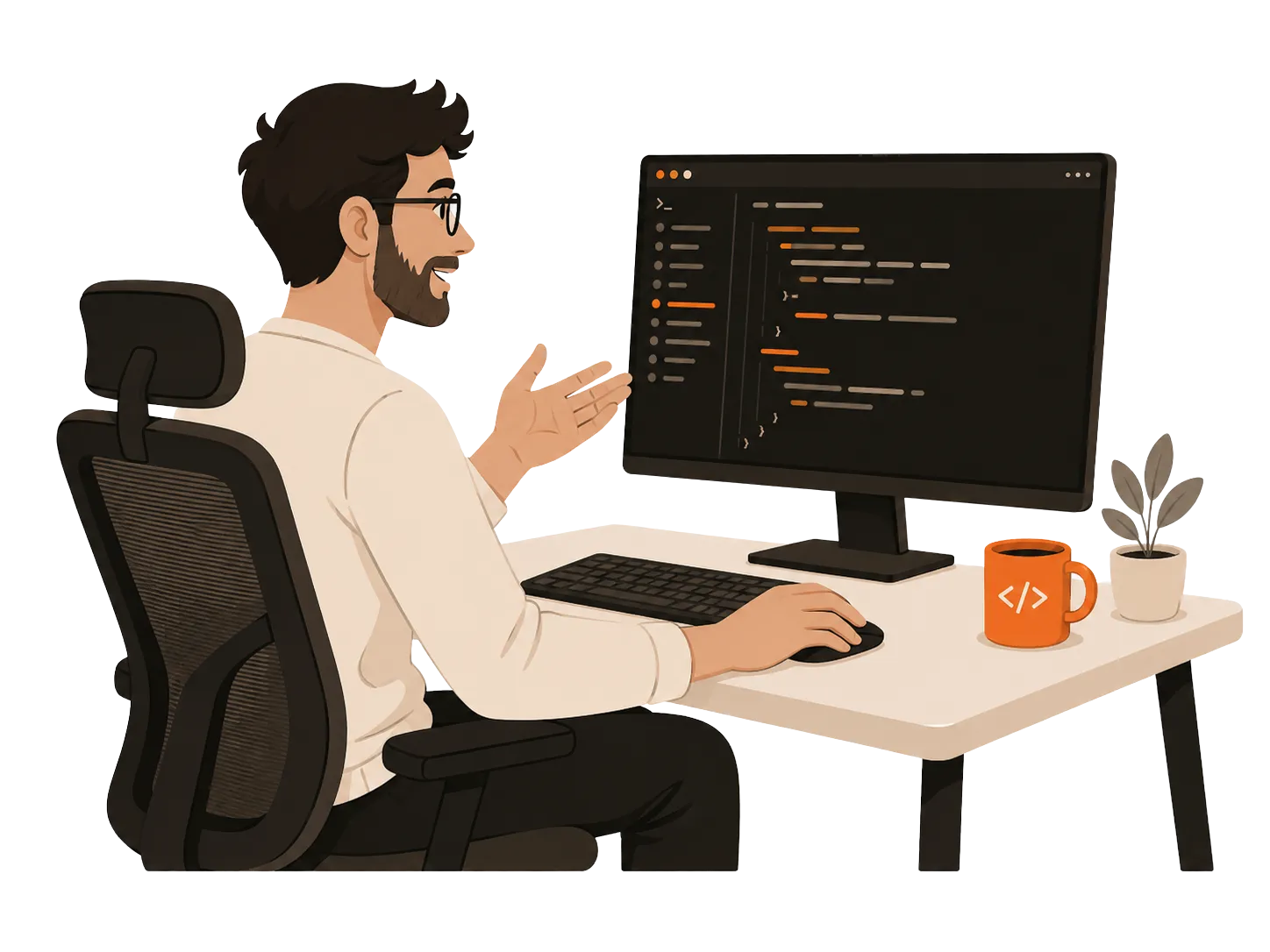 A developer dictating a pull-request description at a code editor.